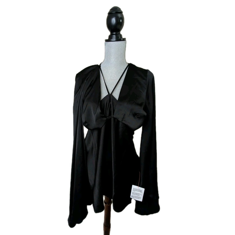 ASOS Design Satin Backless Top‎ Women 8 Black Bell Sleeve Whimsigoth Fairy